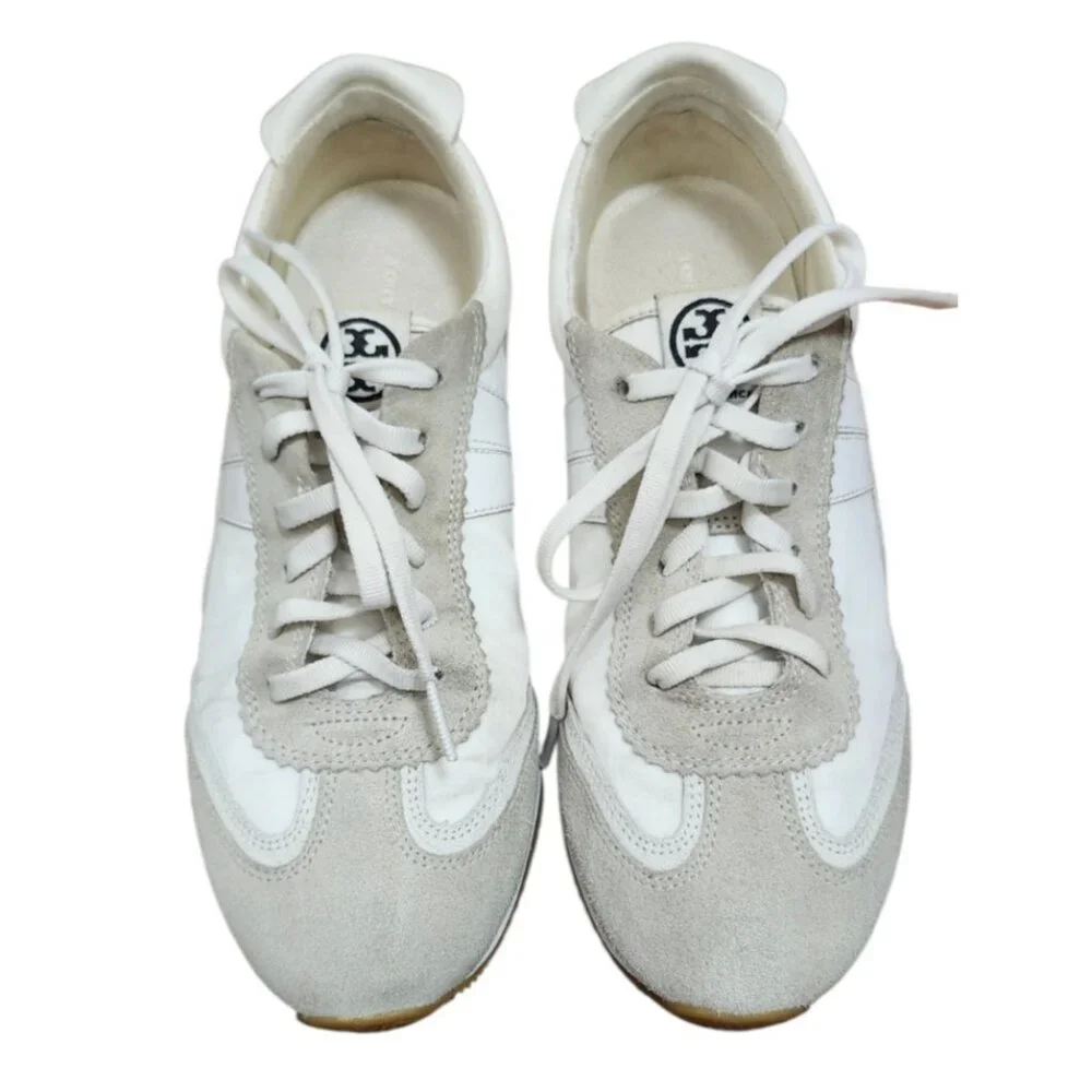 Tory Burch White Leather Suede Sneakers Size 8.5M Retro Runner Lace Up Casual - Picture 2 of 13